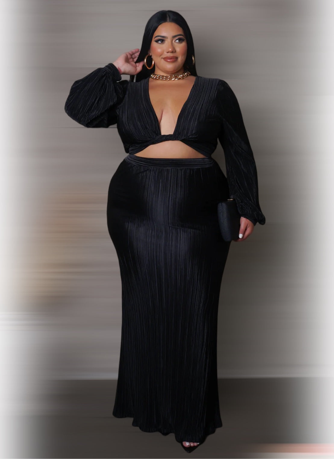 Glam Goddess Black Plissé Cut-Out Maxi Dress - SIE CROWN